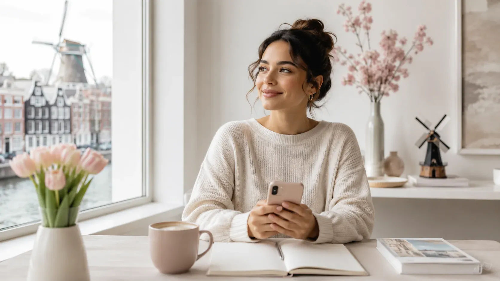A young expat with coffee and her phone, working out Albert Heijn savings stamps.