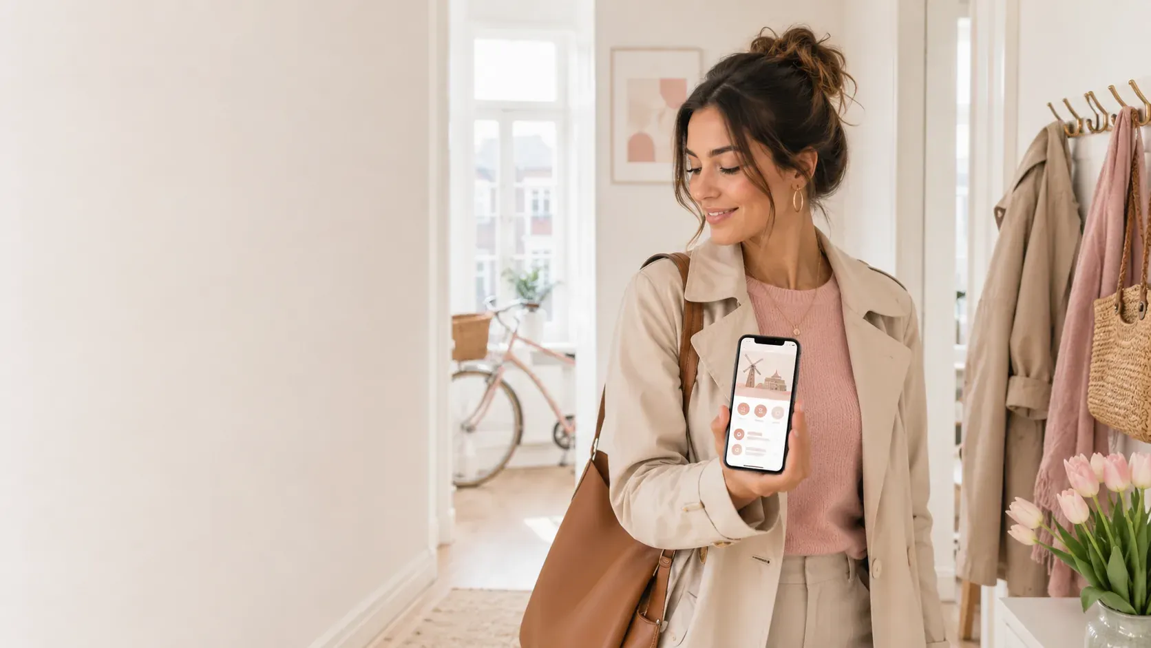 A young expat in an apartment reading a handwritten note left by a Dutch neighbour.